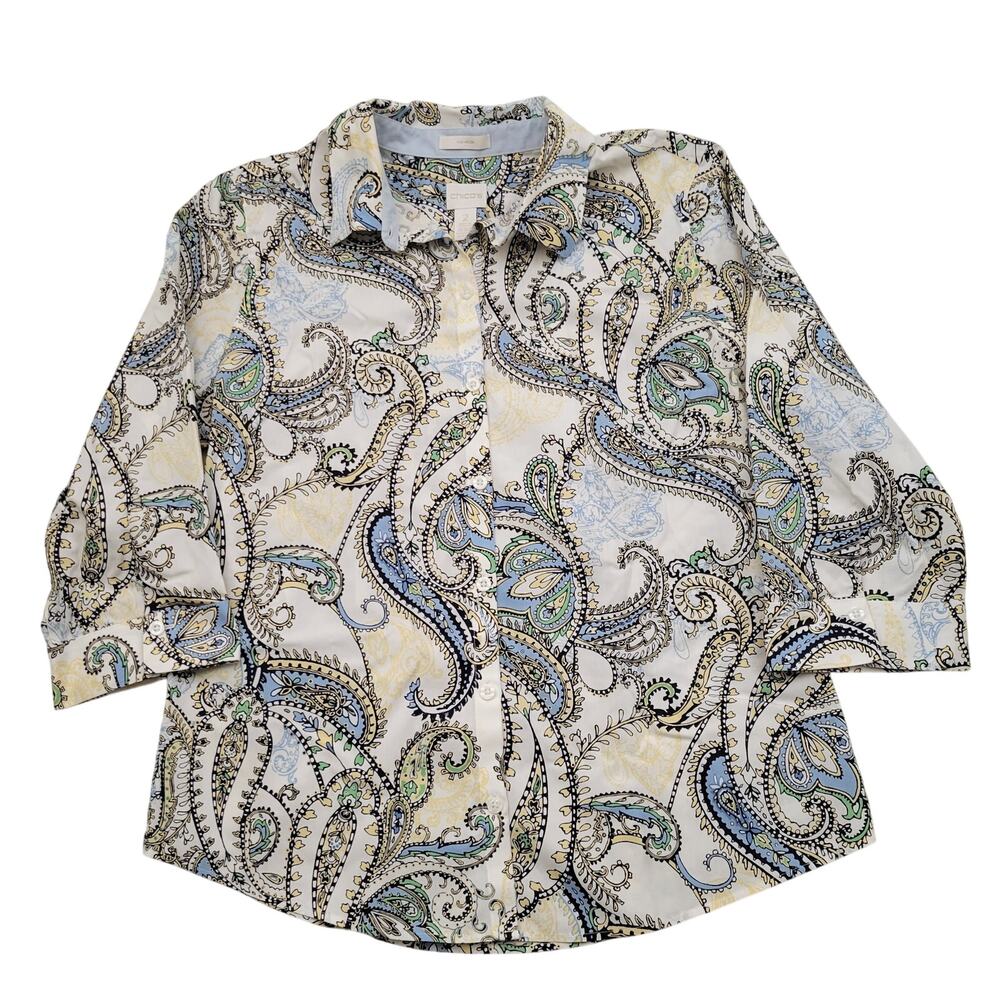 Chico's No Iron Paisley Button Up Blouse 2 L Blue Yellow 3/4 Sleeve Coastal Prep